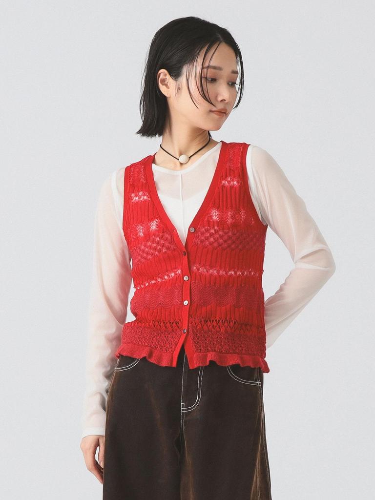 Ray Beams S/S Knit Vest, Striped Lace Knit Vest, Women's, Red, One Size