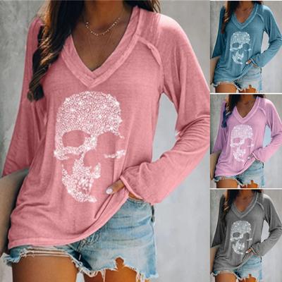 Casual Long Sleeved Blouses Loose T-shirts Skull Printed Tops Ladies Fashion Autumn Winter V-neck Cotton Shirts