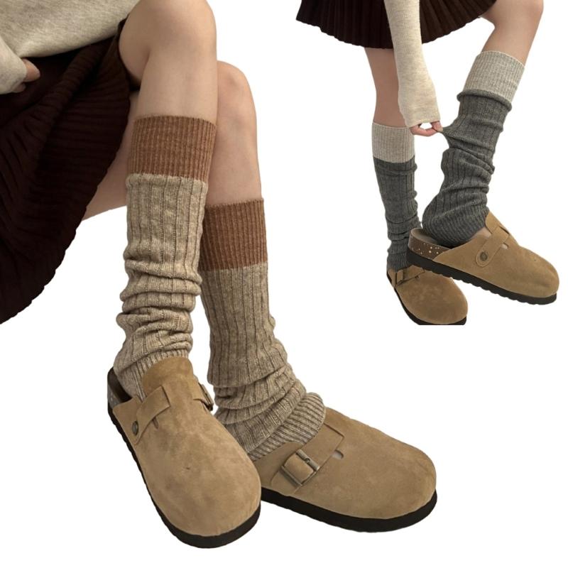 Womens Winter Warm Ribbed Knit Leg Warmers Japanese Style Harajuku Vintage Colorblock Long Boot Socks Thermal Leg Cover