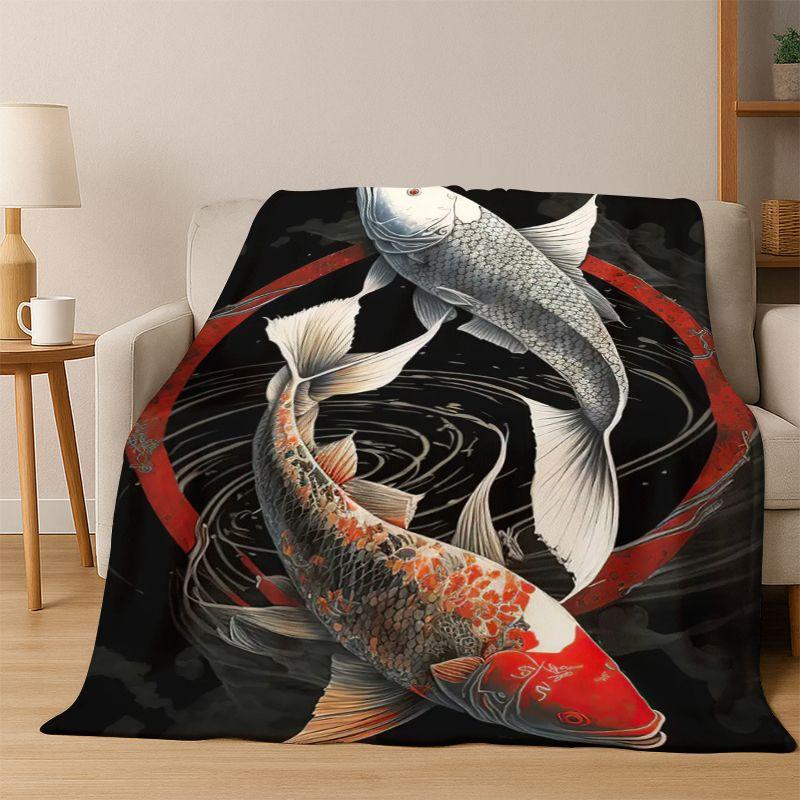 GOOD LUCK Koi Fish Yin Yang Carp Cartoon Flannel Blanket Soft Warm Throw Blanket for Bedroom Living Room Bed Travel Picnic Gift
