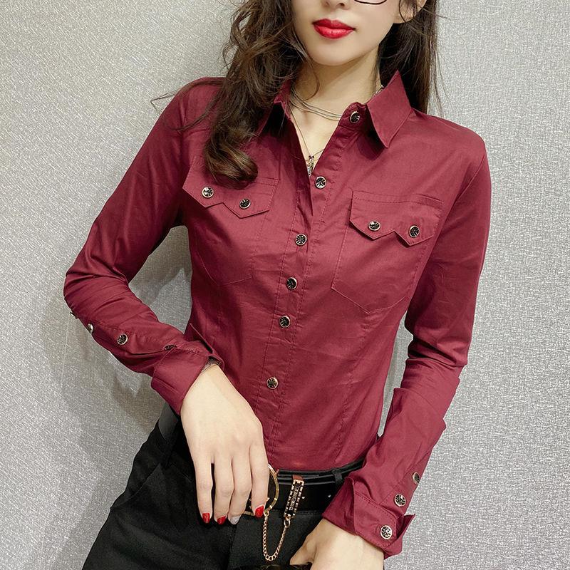 Office Lady Slim Solid Color Blouse Fashion Pockets Spliced Spring Autumn Chic Single-breasted Women's Clothing Polo-Neck Shirt