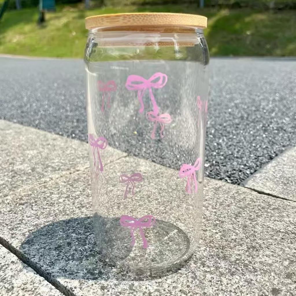 Glass Cups with Lids and Straws 500ml Bow Cup Drinking Mug for Iced Coffee Cocktail Matcha Tea Drinking Water Teen Girls Home
