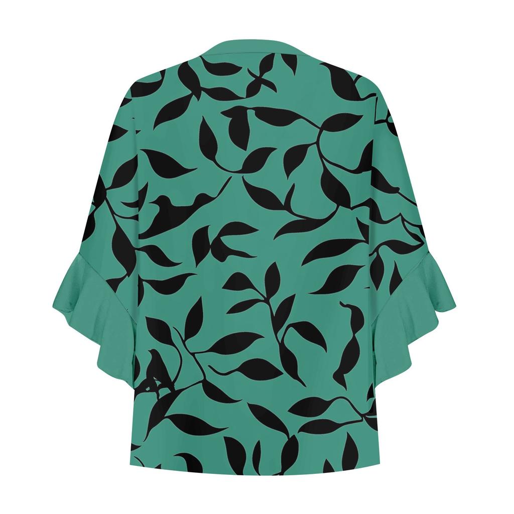 Women's Summer Tops V Neck Three-quarter Sleeves Floral Print Flowing Ruffle Sleeves Half-button Shirt