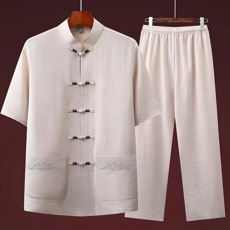 

Мужской летний костюм Тан в китайском стиле из хлопка и льна с короткими рукавами для пожилых людей 40/170 (115-130 lbs)