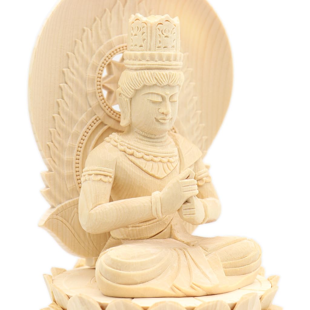 special Buddhist statue Dainichi Nyorai seated statue inches height 23 width depth carved Japanese cypress wood with a sun halo and hexagonal base
