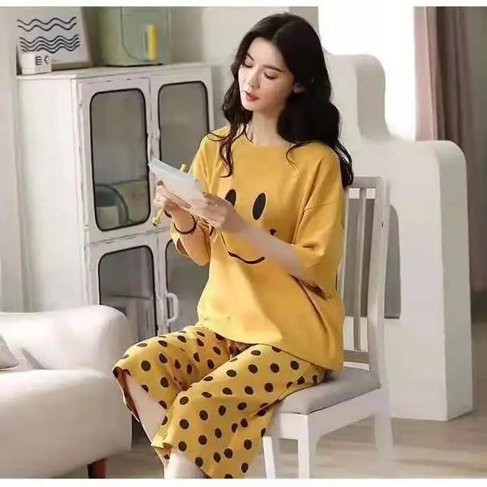 

Мультяшный комплект пижамы с мишкой для девочки, женский, милый для лета, свободный, с короткими рукавами, укороченные брюки, одежда для сна для студенток 3XL