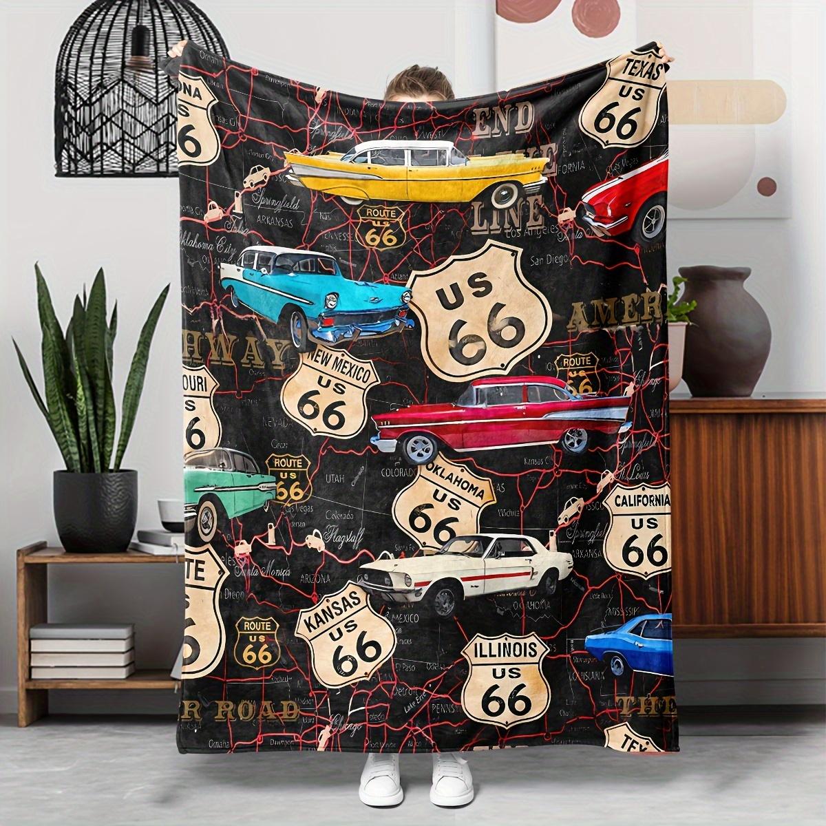 

1 pc, Flannel Blanket, Vintage USA Map (Classic Cars) Pattern, Soft, Warm and Comfortable Sofa Bed Office Blanket, Lunch Blanket 130X150cm