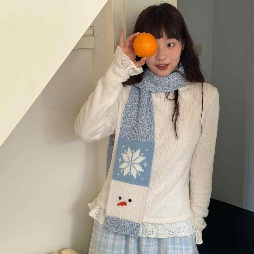 Korean Style Snowman Pattern Scarf Snowflake Knitted Shawl Cute Cashmere Blend Scarf Unisex