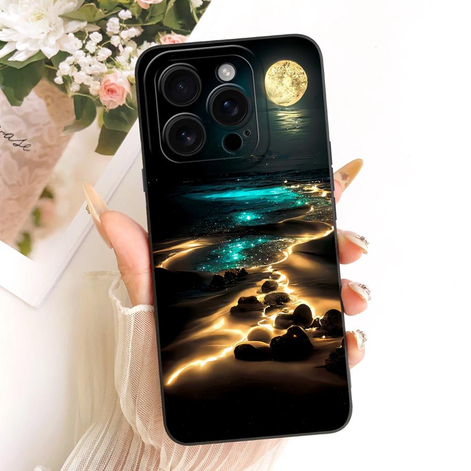 For iPhone 16 Pro Max Fashion Dusk Beach Painting Phone Case For iPhone16 16Pro 16ProMax Soft Silicone Covers Bumpers
