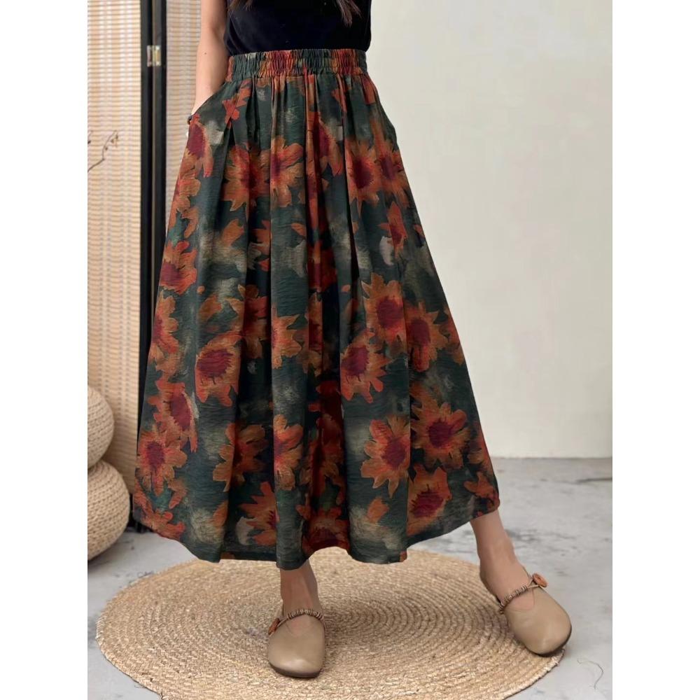 

DIMANAF, лето 2024, женские льняные юбки с эластичной резинкой на талии и цветочным принтом, элегантные винтажные свободные юбки 14