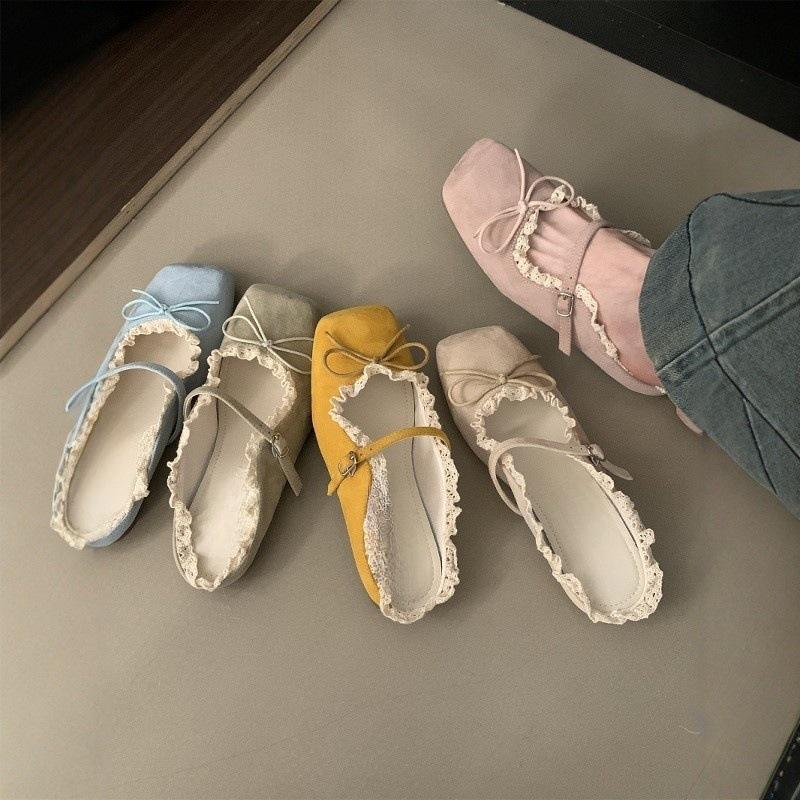 

Women s shoes gentle flat Mary Jane half slippers bow single shoes spring and summer retro blue ballet shoes 35