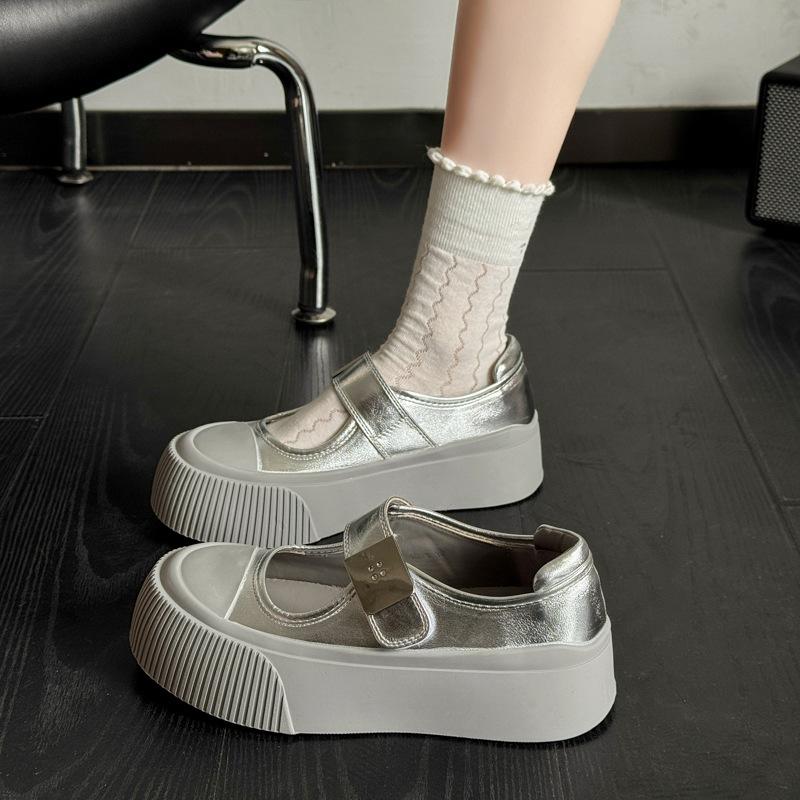 Fashion Versatile Silver Platform Big Head Shoes Women's 2025 New Spring and Summer Light Mouth Mary Jane Shoes Heightening Low-top Board Shoes