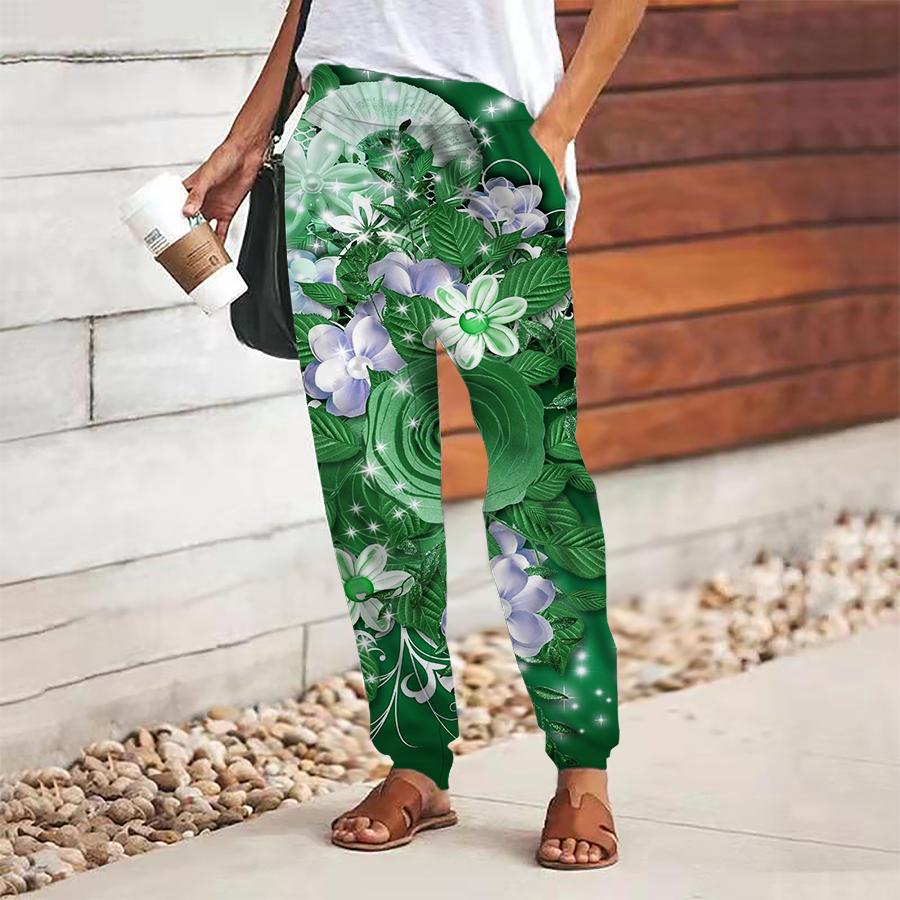 Women Flower Printing Pants Lace Up Elastic Waist Loose  Trousers Casual Long Pants Trousers with Pockets