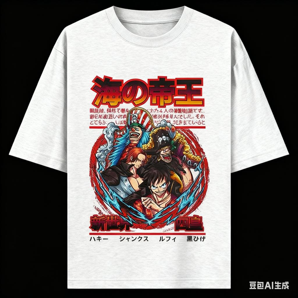 One Piece Anime Vier Kaiser Druck Oversize Baumwoll T-Shirt Herren und Damen Harajuku Trend Y2K Lässig Sommer Schweißabsorbierend T-Shirts