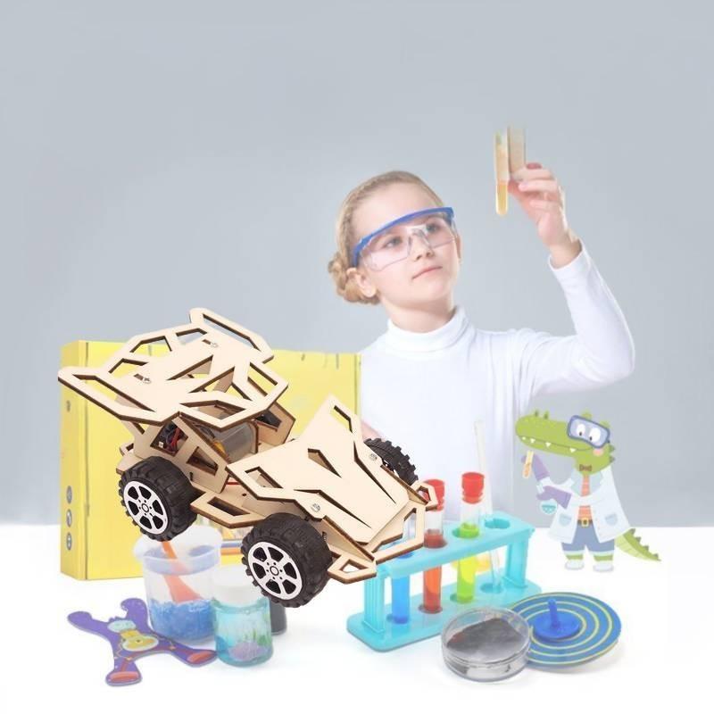 Stem Educational Diy Wooden 4wd Racing Car Science Experiment Toy For Kids Handmade Assembly