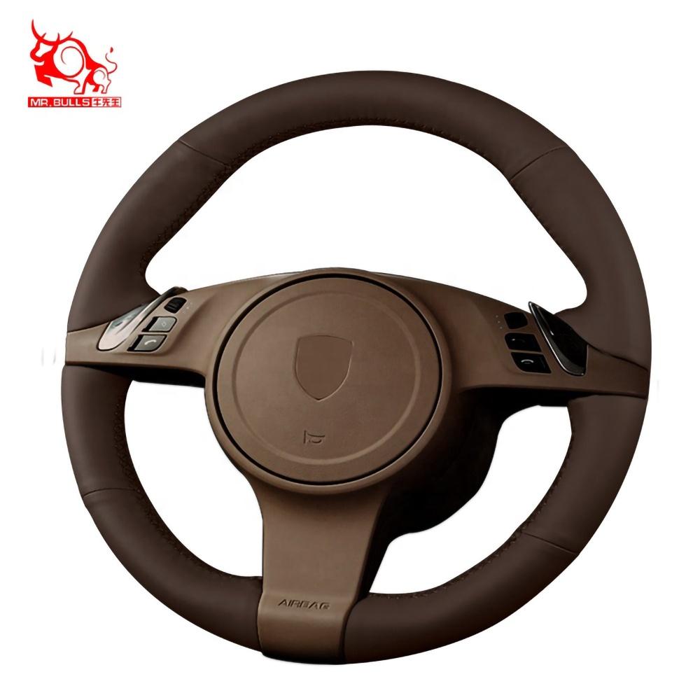 Custom Hand Sewing Leather Product Amazons Best Sellers Car Steering Wheel Cover for Porsche Cayenne brwon thread brown leather коричневый