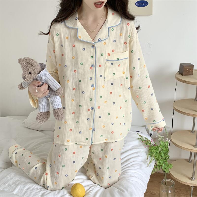 Korea's new autumn donut long-sleeved pajama set is comfortable and pure breathable loungewear for women
