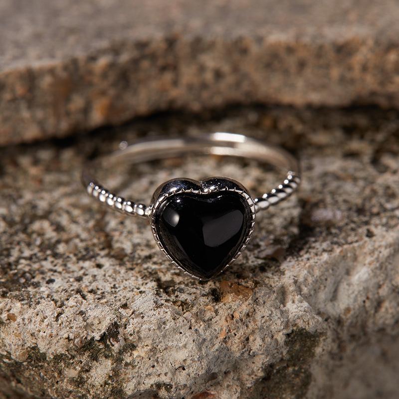 

Niche Design S925 Sterling Silver Natural Black Agate Ring Women S Thread Black Love Open Ring Hot