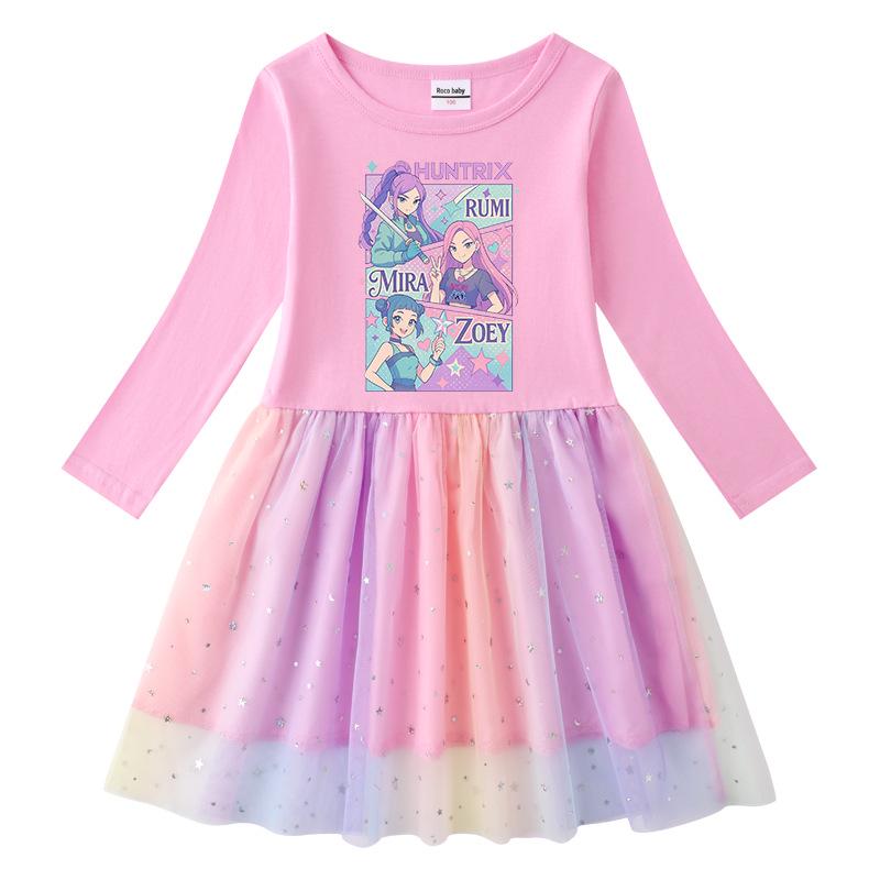 Korean Style Kpop Demon Slayer Mesh Princess Dress for Girls - Short/Long Sleeve Options