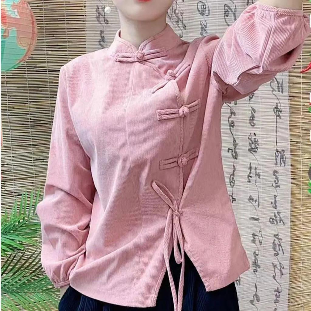 Female spring and autumn Vintage Corduroy Shirt with Slanted Collar Solid Color Chinese Literary Style Top
