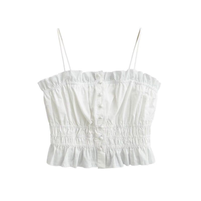Fashion Style 2024 Summer New Arrival Female Easiest for Match Sweet Girl Wooden Ear Smocking Short Camisole Uwl240053