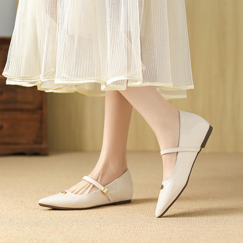 Inner heightening flat-soled single shoes with skirts, small fragrant style pointed single shoes, women's one-word buckle low heel belt, Mary Jane W
