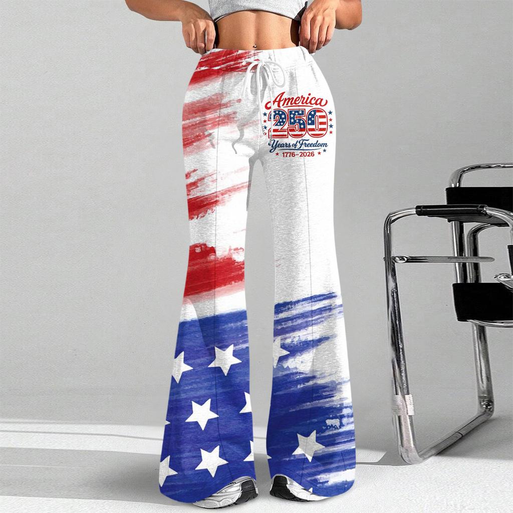 Loose Fit Drawstring Waist Flare Pants with Independence Day Inspired Print We the 250 Years of Casual Style