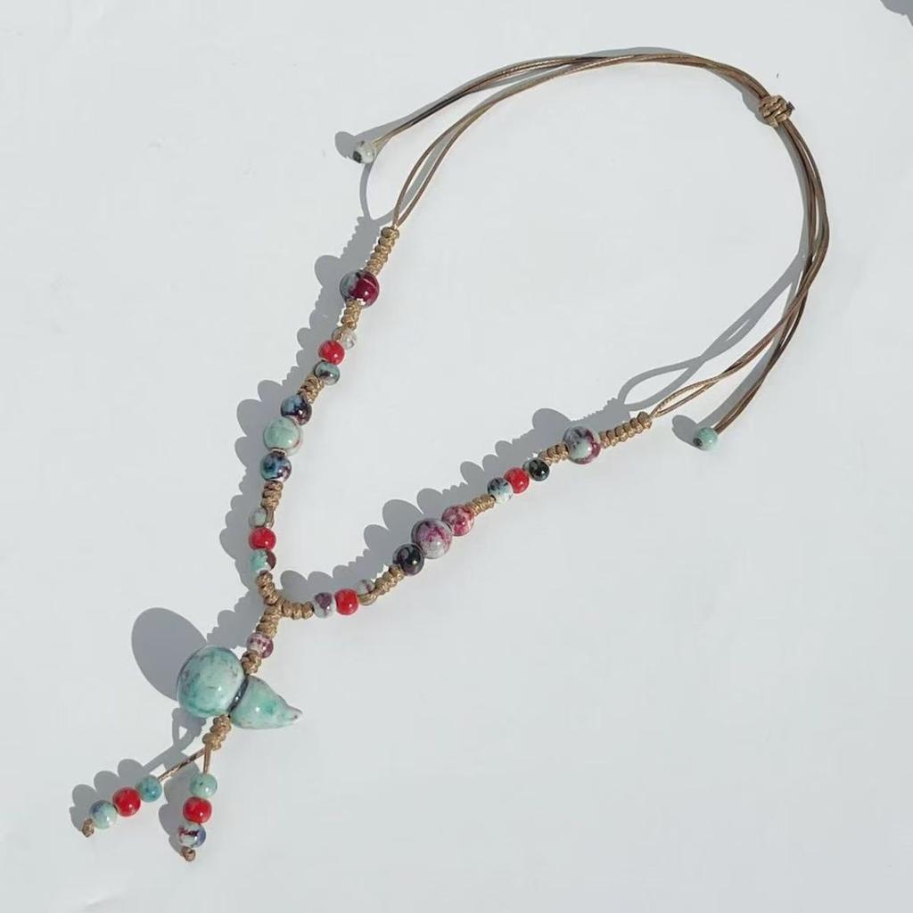 New Chinese retro ceramic necklace handmade beaded ethnic style long sweater chain niche literary and national style women's accessories