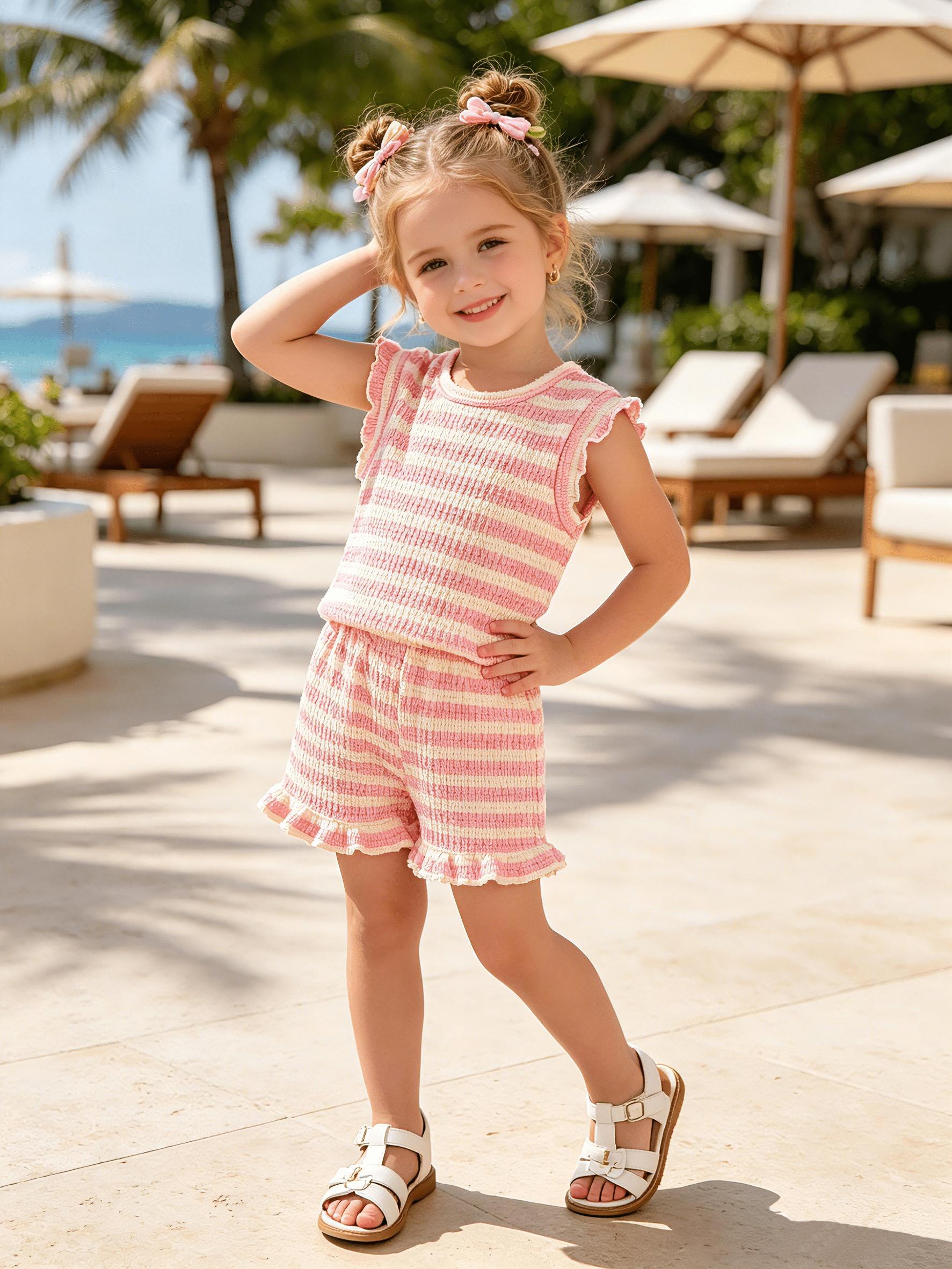 Girls Striped Cap Sleeve Pajama Set Summer Loose Kids Loungewear Outfit 4Y розовый