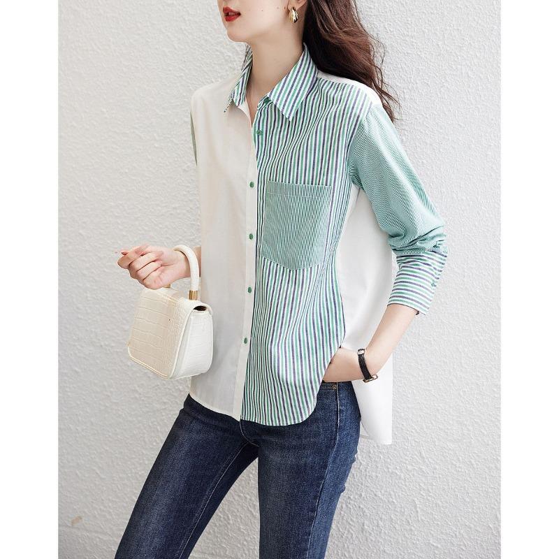 Women Patchwork Vertical Striped Loose Long Sleeve Shirt