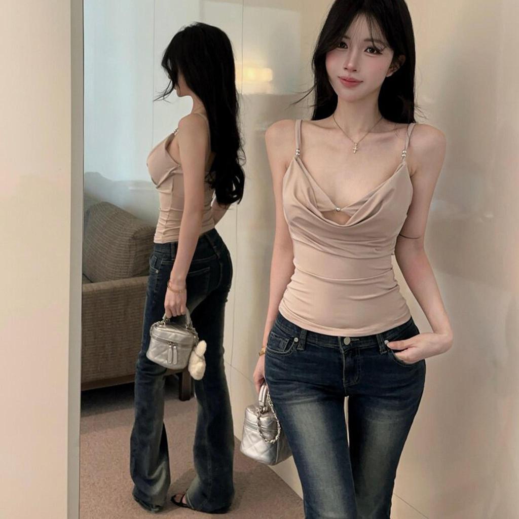 Draped Collar Cami Top Women Sexy Pure Desire Spaghetti Strap Vest Summer Daily Wear