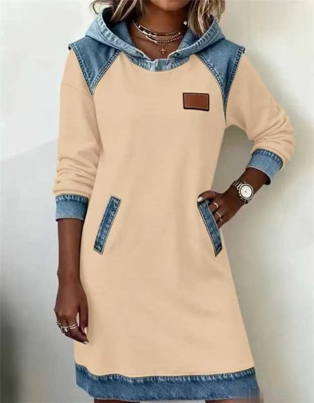 Women's Denim Spliced Hooded Sweatshirt Dress Long Sleeve Patchwork Pocket Casual Tunic Dress