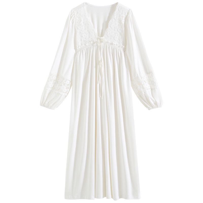 Langärmliges Damen-Nachthemd aus Baumwolle – französische Spitze, Prinzessinnen-Stil, vielseitig für drinnen und draußen, perfekt für Herbst/Winter.