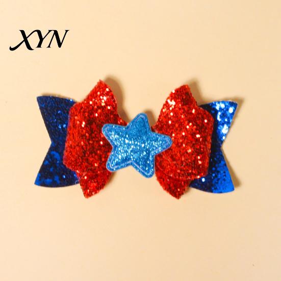 Red And Blue Hair Bows Independence Day Bow Clip for Girls, White Glitter Hairpin, Double Layer Decorative Barrettes with Sequins Star, Fashion