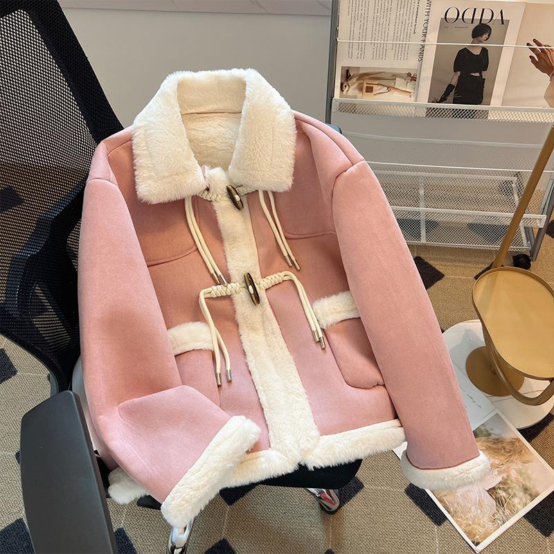 

Пальто из искусственного меха под овчину, осенне-зимнее, женское, новое, в стиле локомотива, из оленьей замши, бархатное, короткое, мех интегрированный, студенческое M 80-95 розовый