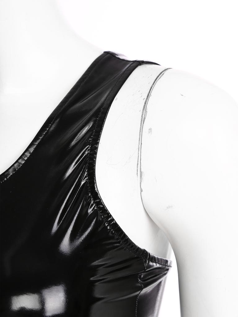 Womens Wet Look Patent Leather Tank Dress Clubwear Wide Shoulder Strap Sleeveless Bodycon Dress Metal Clips