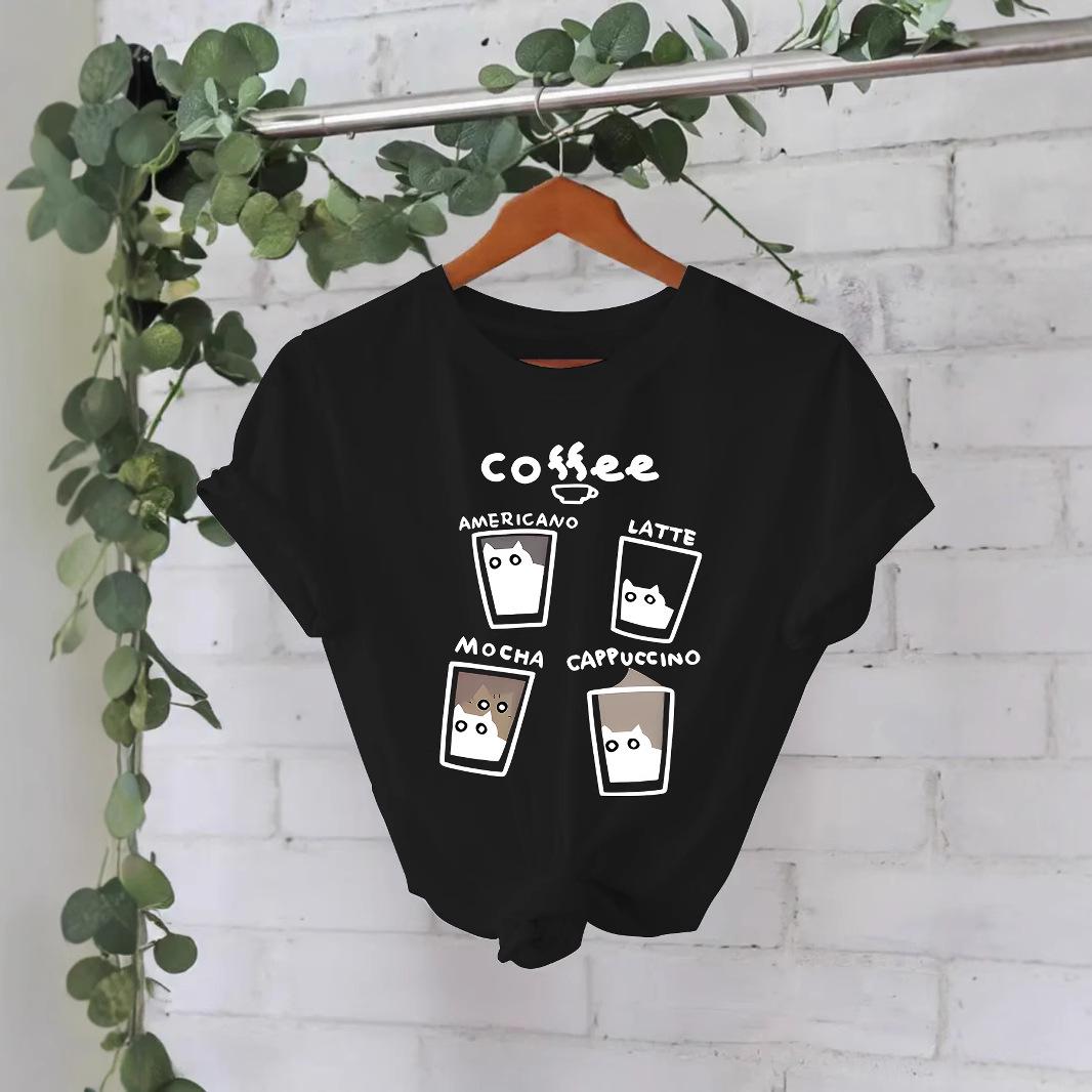 

Women s Plus Size Short-Sleeve T-Shirt with Coffee Cup Cat Print L