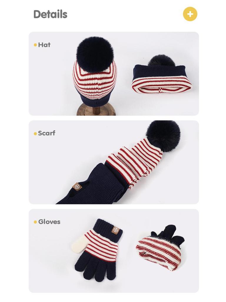 Kinder Pompon Ohrenklappenmütze, Schal & Handschuhe Set - Gestreckt gestrickt für Herbst- & Winterwärme