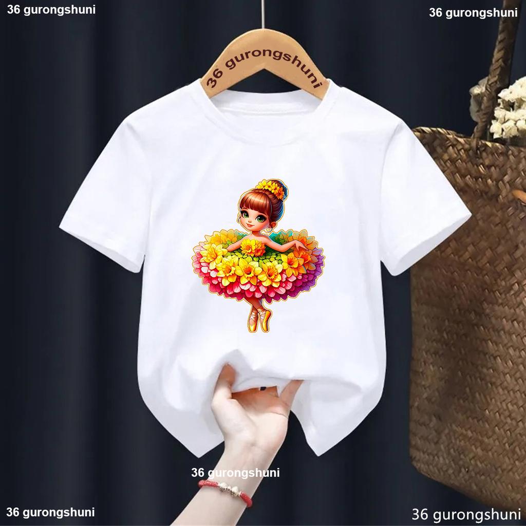 Cute Girl Ballet Dance Printed Cotton Childerns T-shirts Kawaii Girls Clothes Summer Kids Short Sleeve White Top