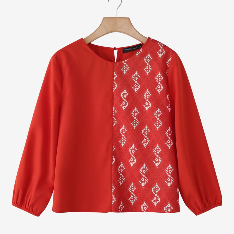 ZANZEA Women Print Patchwork Loose Casual O-neck Long Sleeve Blouse