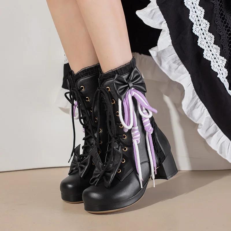 

Модные туфли Лолита Принцесса Женские ботинки Бант Кисточка Платформа Средний каблук Короткие ботинки Женские Модные ботинки Зима Резиновая подошва 33 чёрный