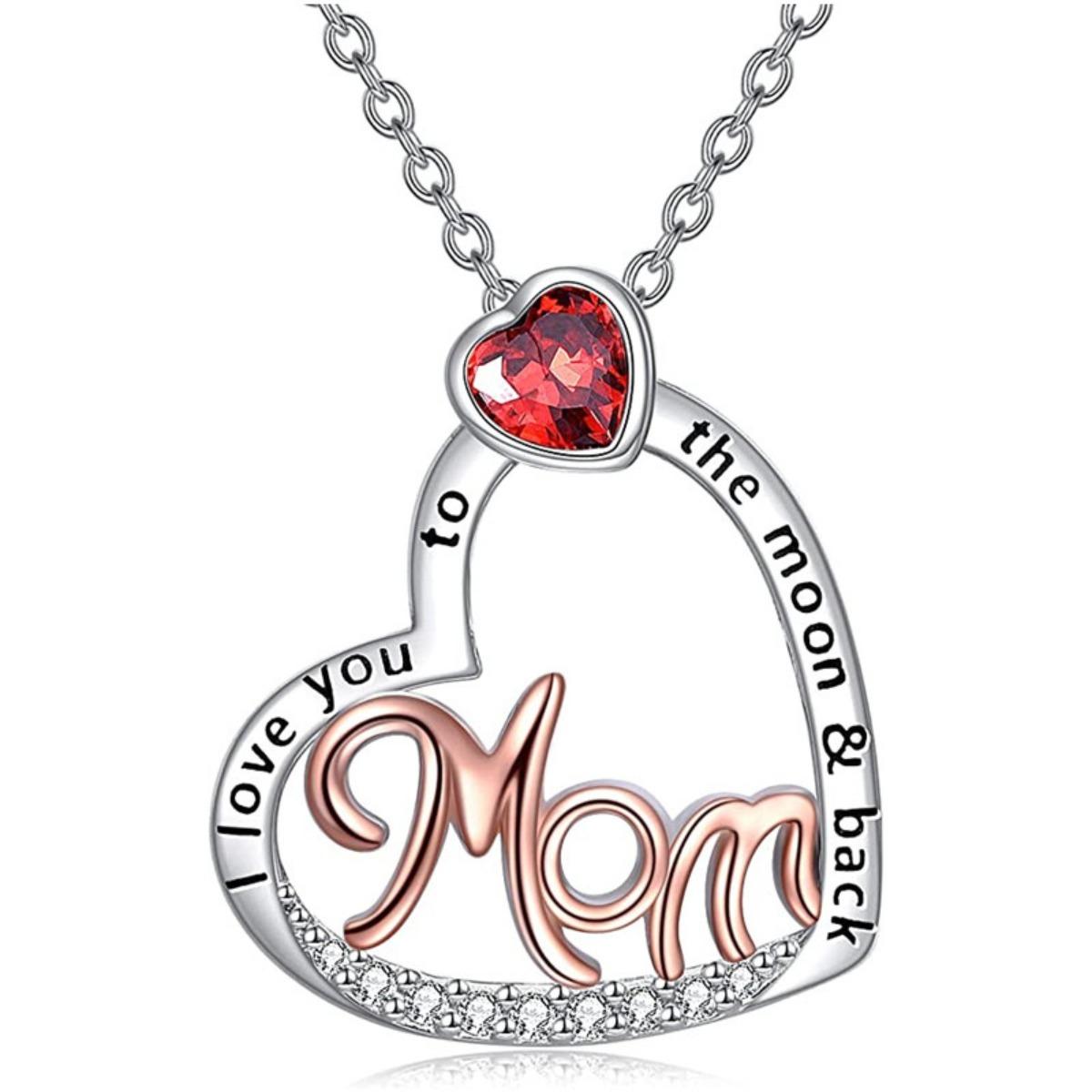 Engraved Love Quote Heart Necklace Pendant with Red Stone