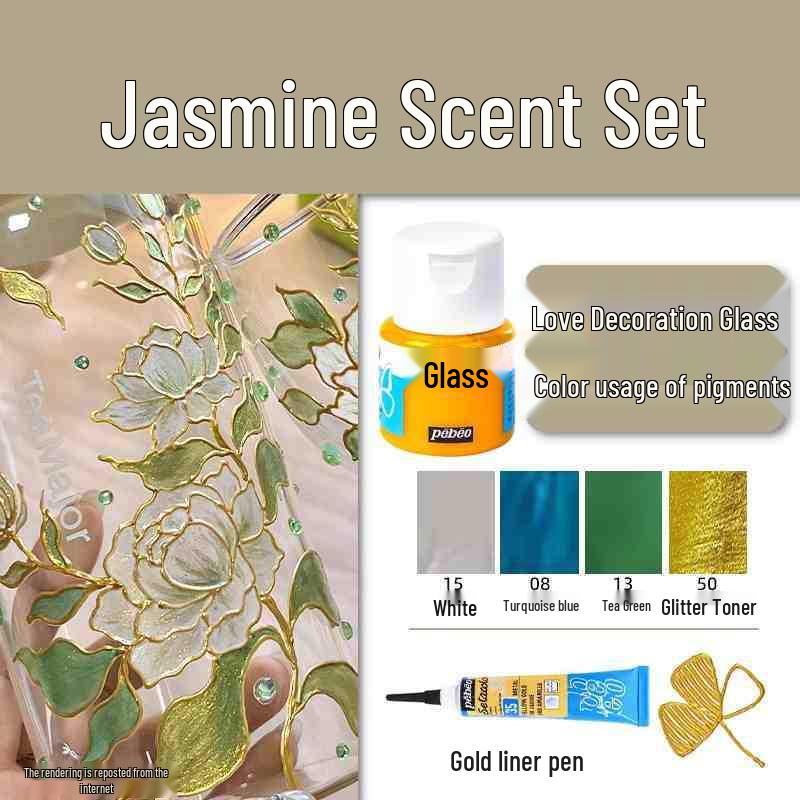Rose Jasmine Moonlit Night Glass Paint Set with Osmanthus Scent and Gold Edge Hand-Painted Cup & Outlining Pen