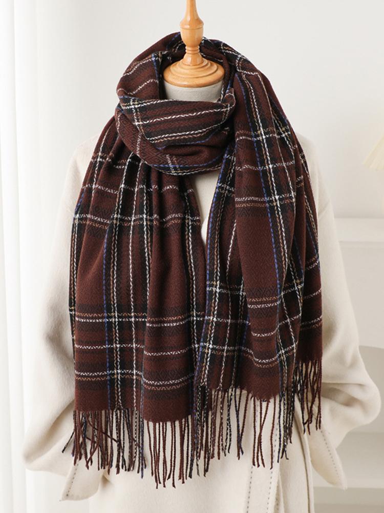 Damen Herbst Winter Vintage Strickschal Kopftuch Damen Herren Lässig Kariert Quaste Schal Mujer Mann Wickeltuch Unisex Neu Koreanisch