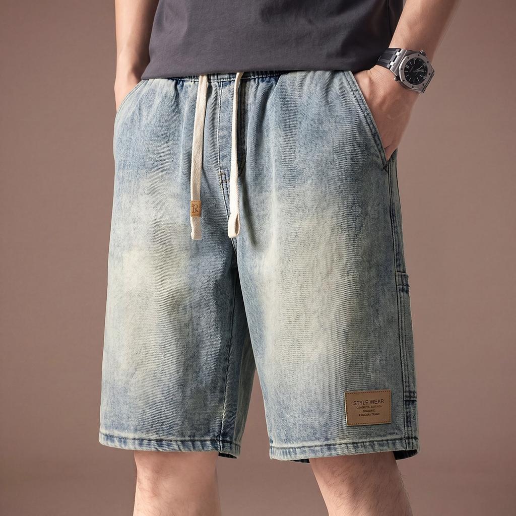 High-end American stone grinding washed loose straight denim shorts men's summer thin drape casual five-point medium pants