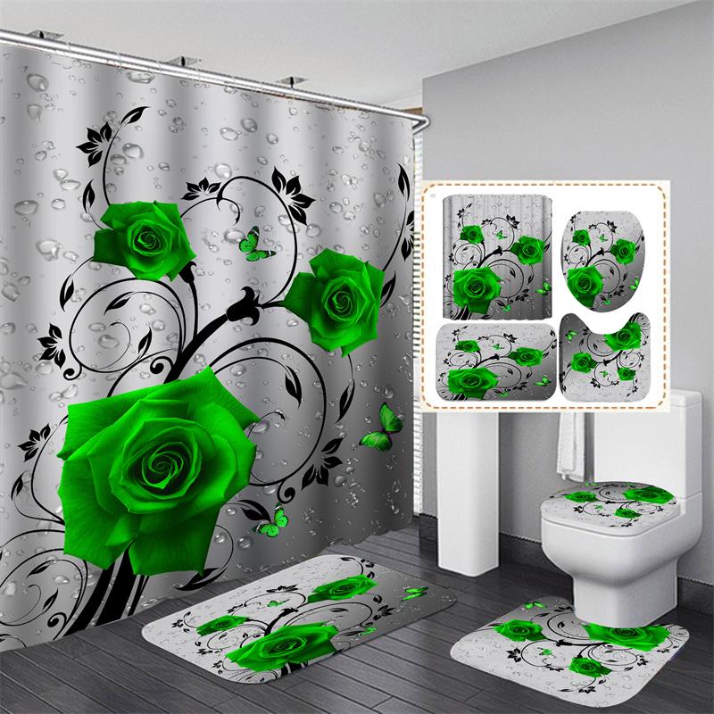 20 barev Rose Print 3D sprchový závěs s háčky Vodotěsný Koupelnový závěs Protiskluzová sada podložek do vany Toaletní koberečky Koberec Domácí dekorace