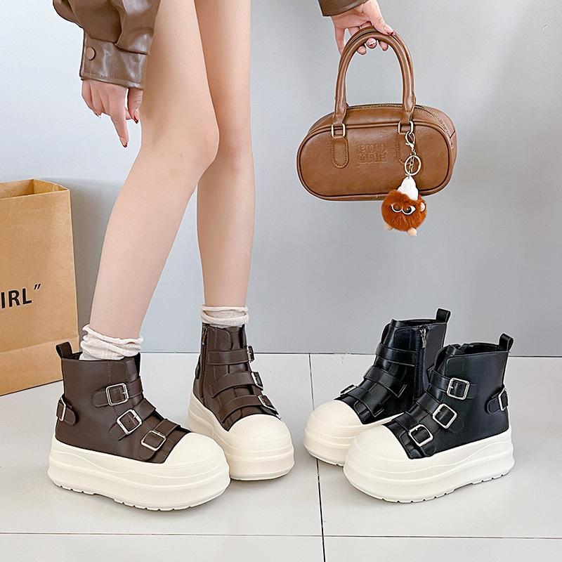 European big-headed thick-soled Martin boots for women's 2025 autumn new soft leather British style belt buckle recreational locomotive short boots