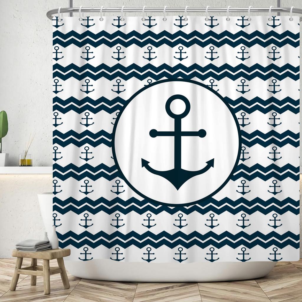Nautical Theme Shower Curtain With Hooks Sailboat Anchor Seashells Starfish Waves Watercolour Art Modern Bathroom Curtain Decor