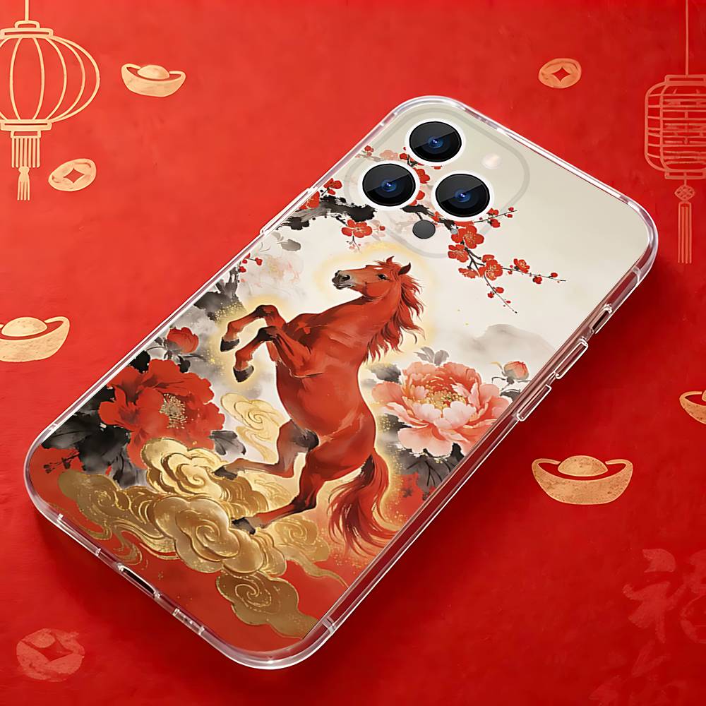 Fashion Chinese-Style Red Horse Phone Case for iPhone 16 15 14 13 12 11 17 Plus Pro Max X XR XS Max Soft Clear Tpu