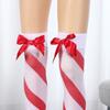 Women Red White Striped Over Knee Long Socks Cute Lovely Bowknot Thigh High Stockings for Christmas Party Costume